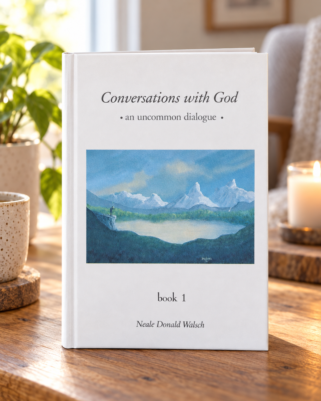 White hardcover book with blue landscape cover, 'Conversations with God' by Neale Donald Walsch