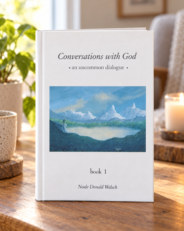 White hardcover book with blue landscape cover, 'Conversations with God' by Neale Donald Walsch