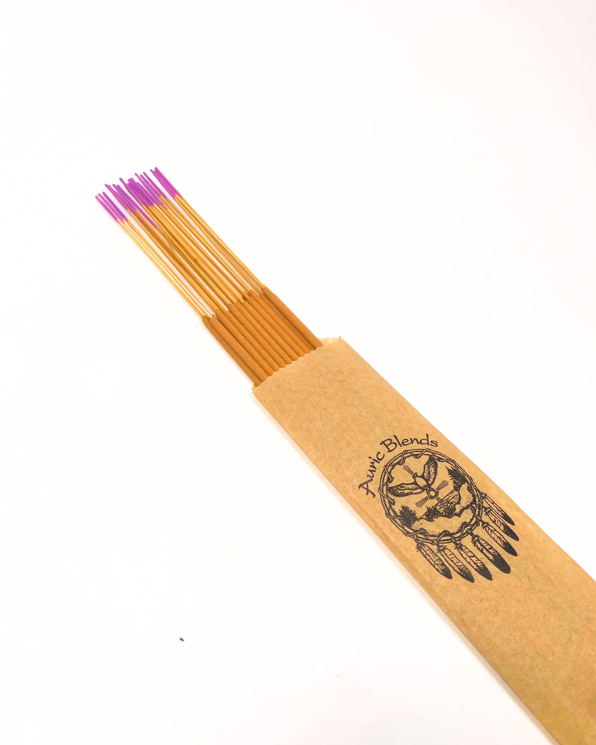 Incense sticks bundle with printed emblem label and purple-tipped ends