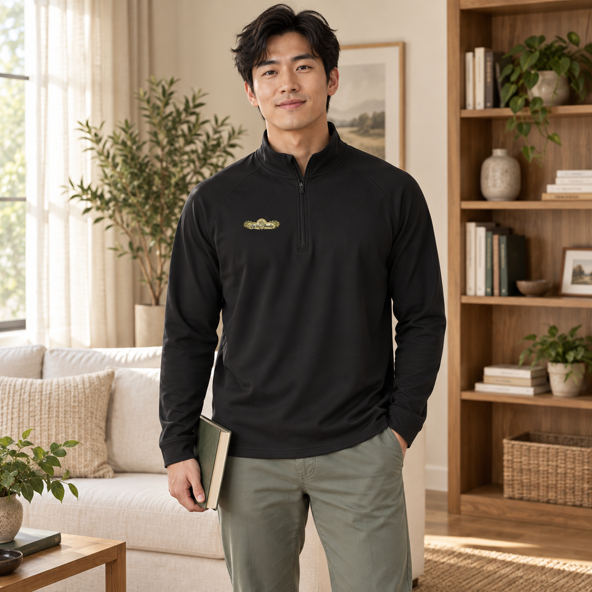 Men's black quarter-zip pullover with small chest logo and long sleeves