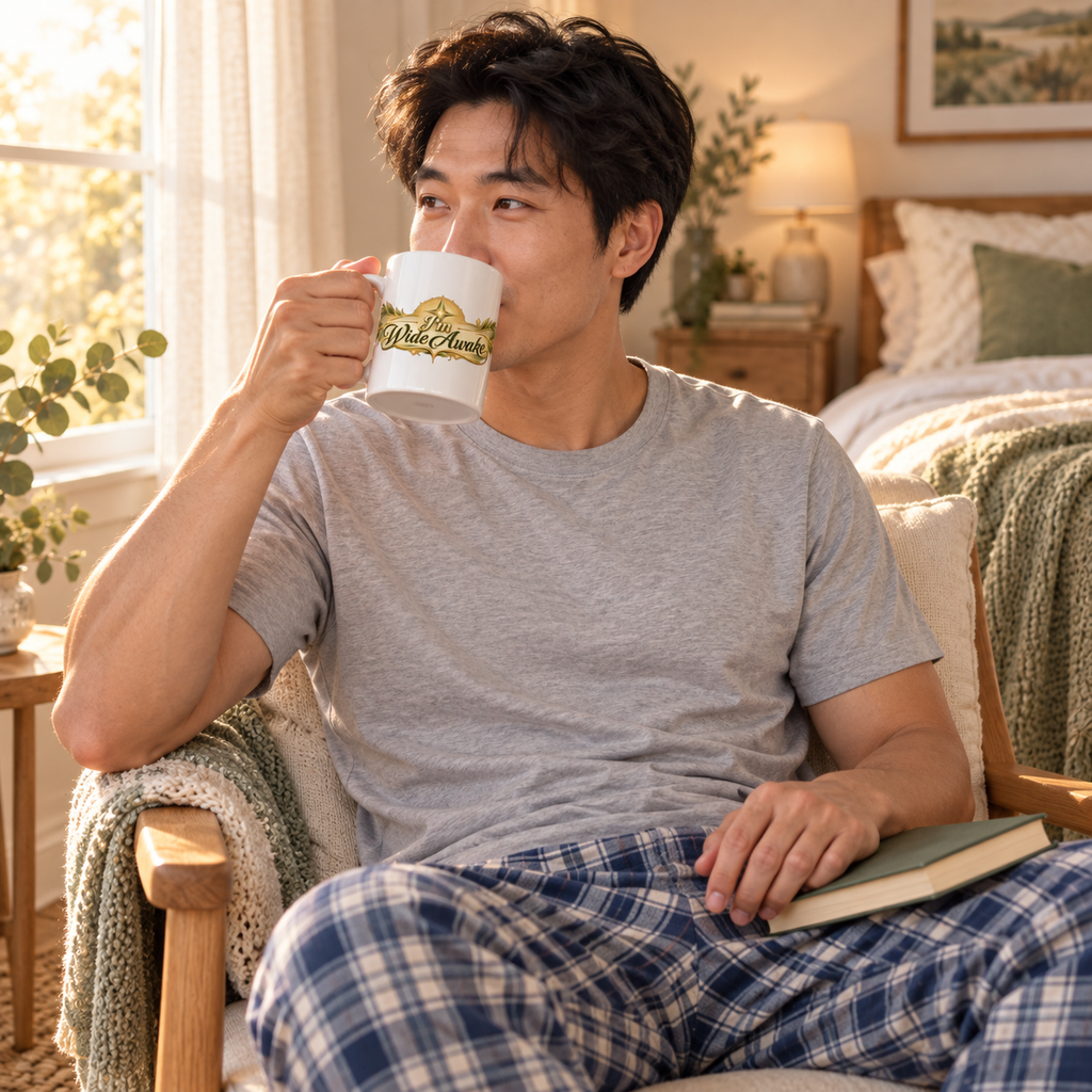 White ceramic mug with gold "I'm Wide Awake" slogan, held to lips by person.