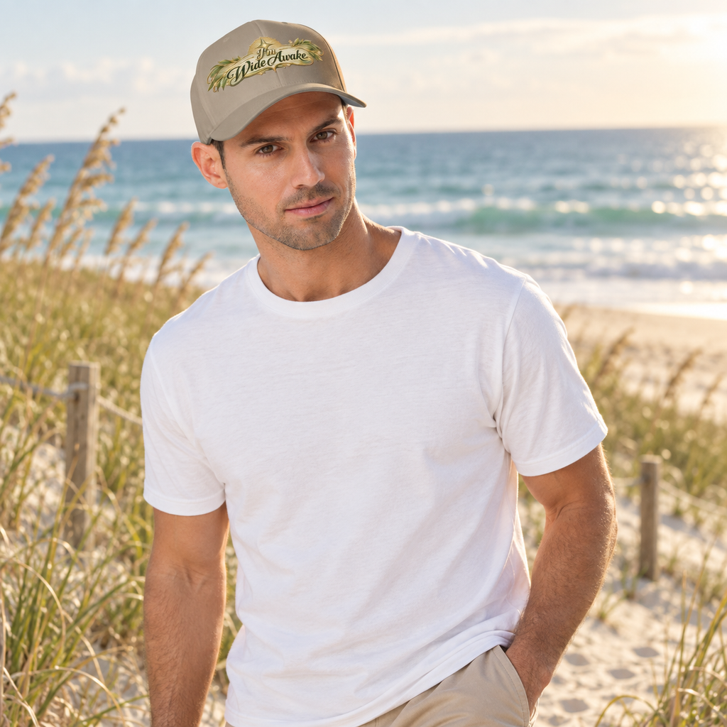 Light gray baseball cap with curved brim, side profile, embroidered Wide Awake logo