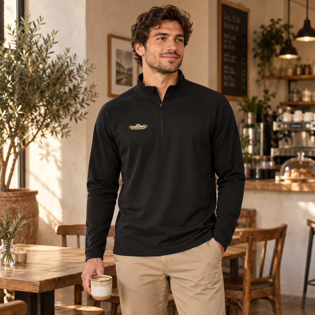 Men's black quarter-zip pullover with zip neck and chest logo; long sleeves