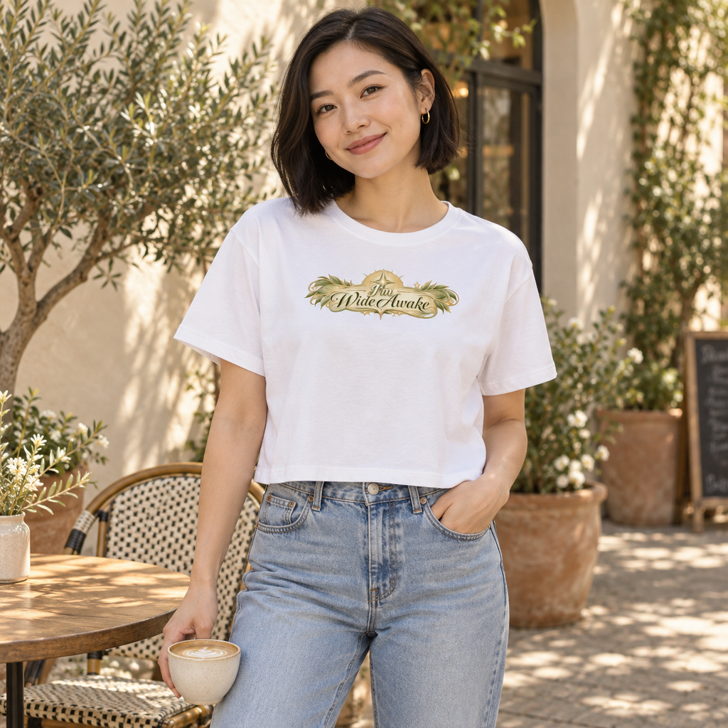 Women's white crew-neck tee with gold-and-green printed logo; short sleeves