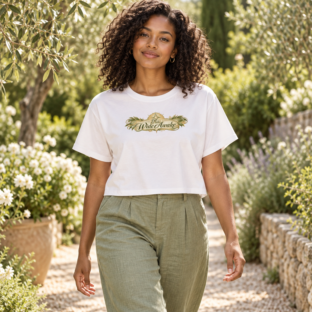 Women's white cropped crew-neck tee with gold-and-green printed logo chest graphic