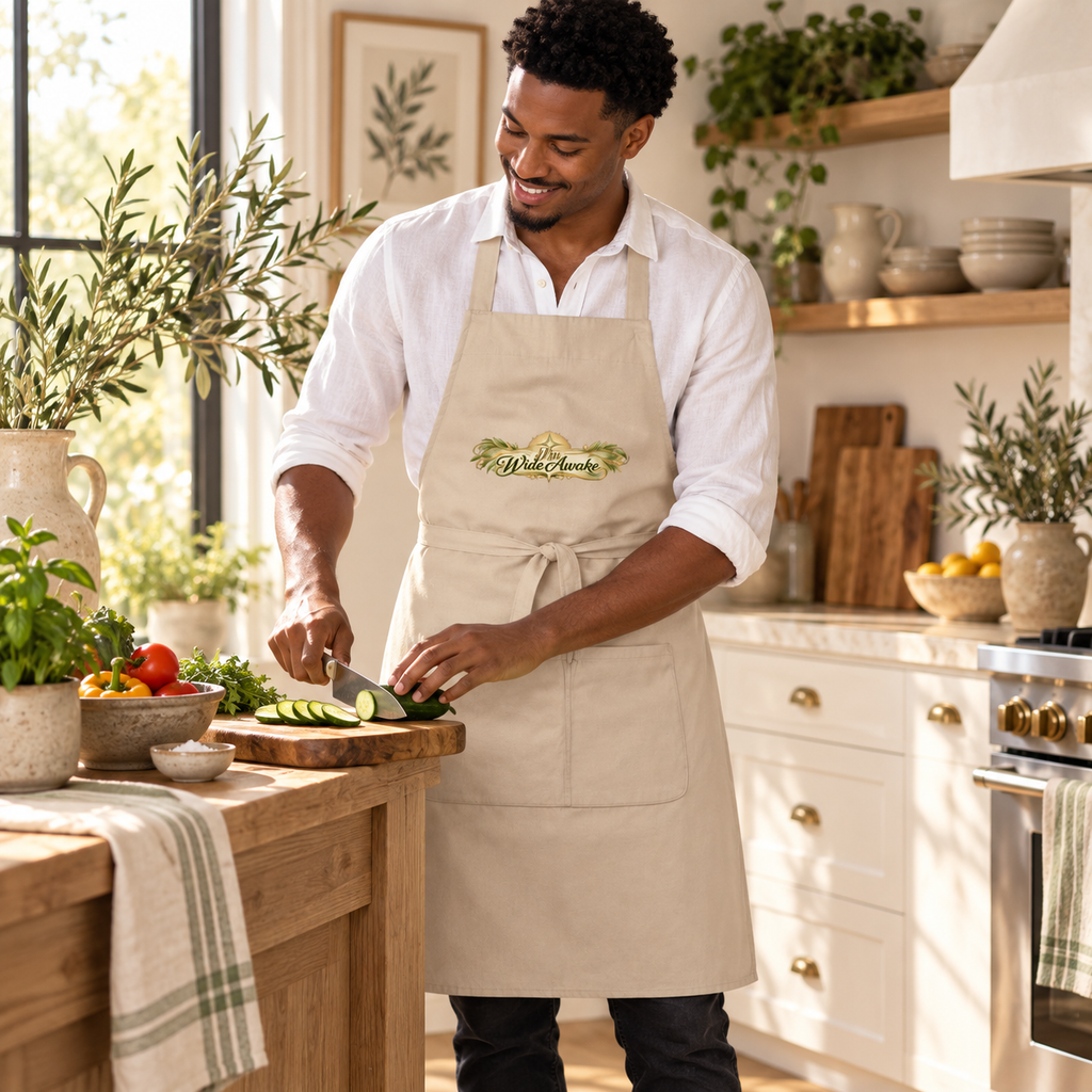 Beige apron with front pocket, logo patch, and tied waist strap