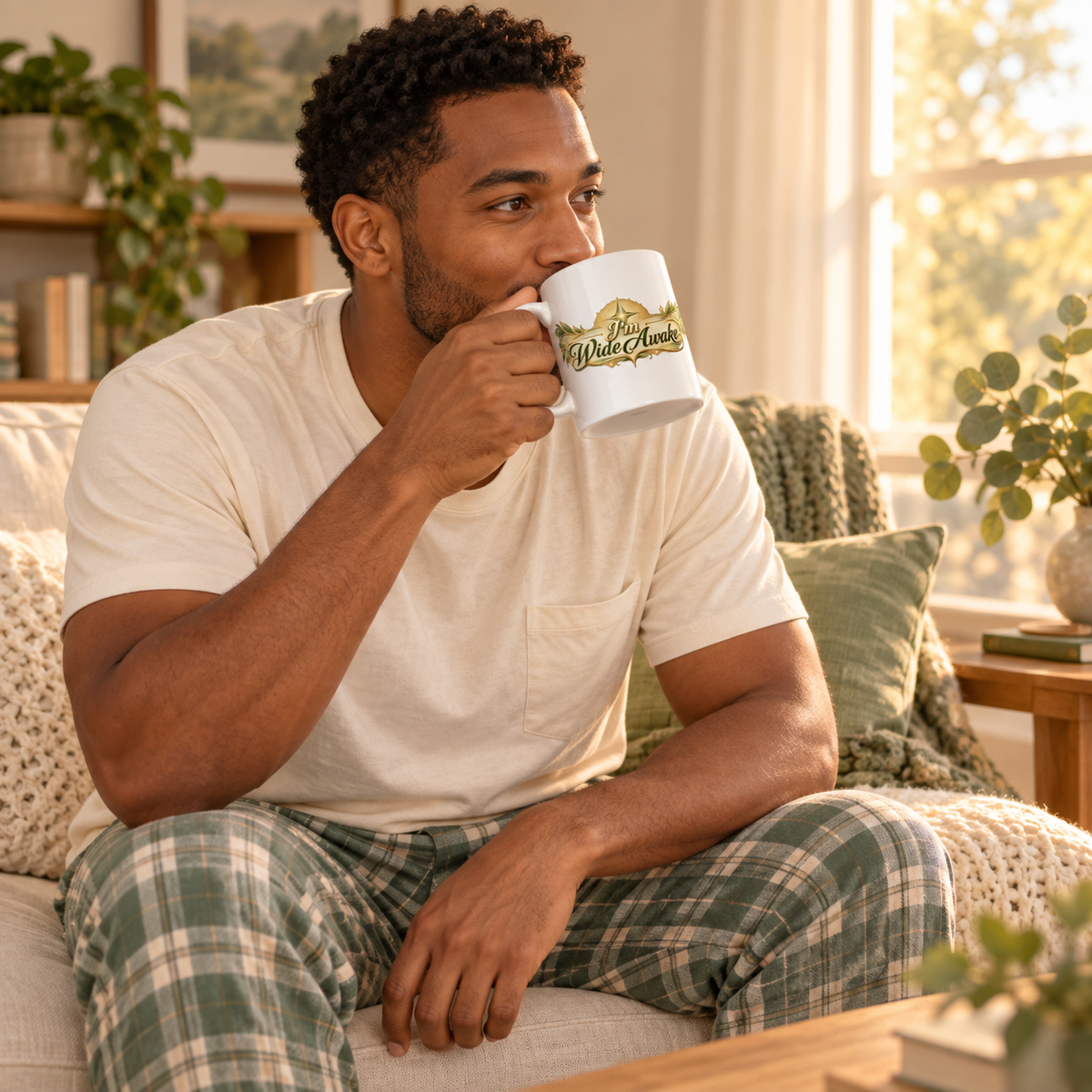 White ceramic mug with gold "I'm Wide Awake" slogan, sipped by person.
