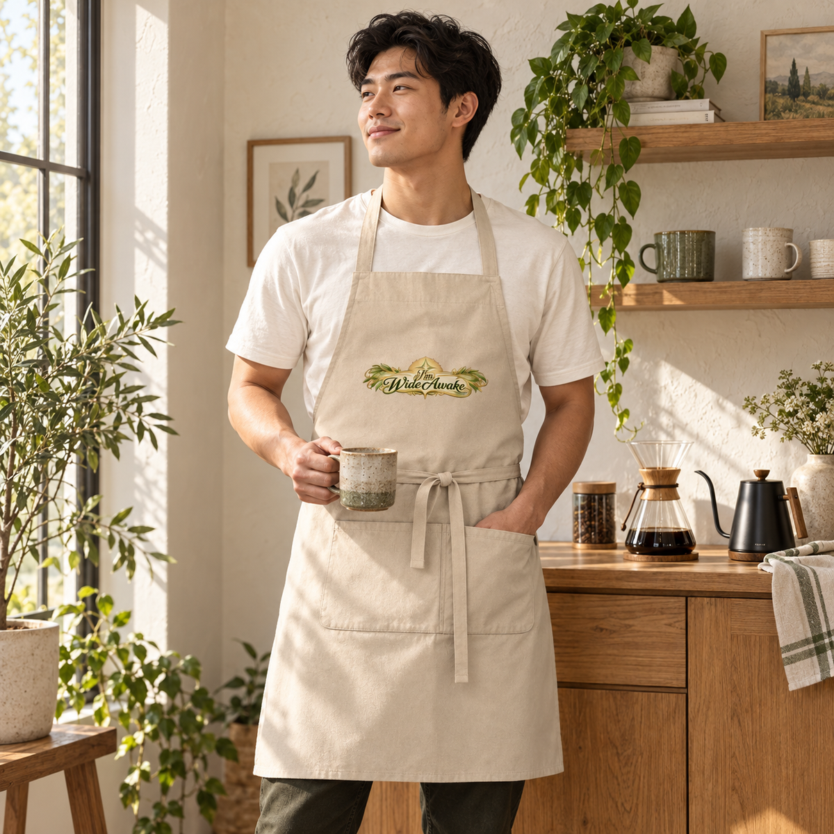 Beige apron with front pocket, logo patch, and tied waist