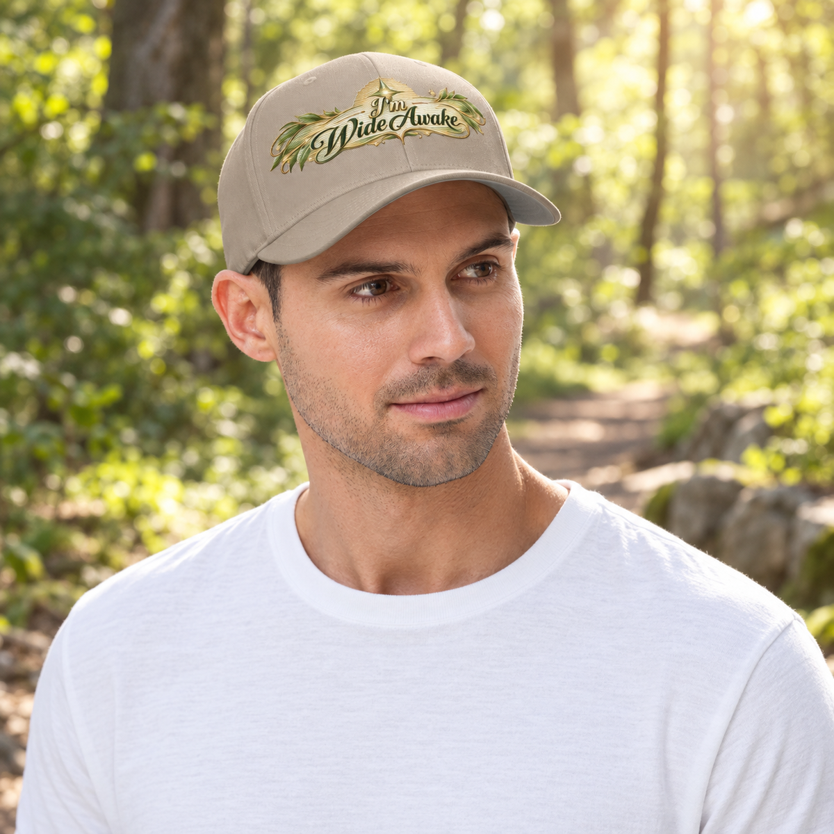 Light gray baseball cap with curved brim and embroidered Wide Awake logo on front