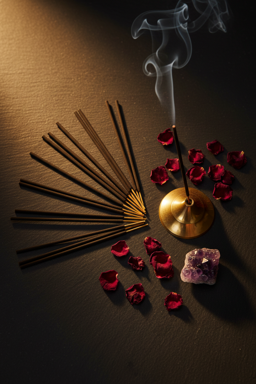 Egyptian Goddess incense sticks fanned on dark slate with brass holder, smoke curl, rose petals and amethyst crystal