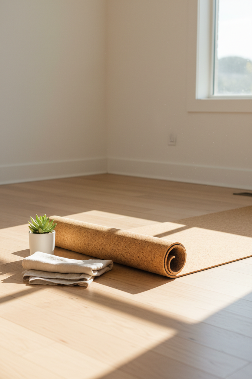 Cork yoga mat partially unrolled on hardwood floor in bright airy studio with succulent and morning light