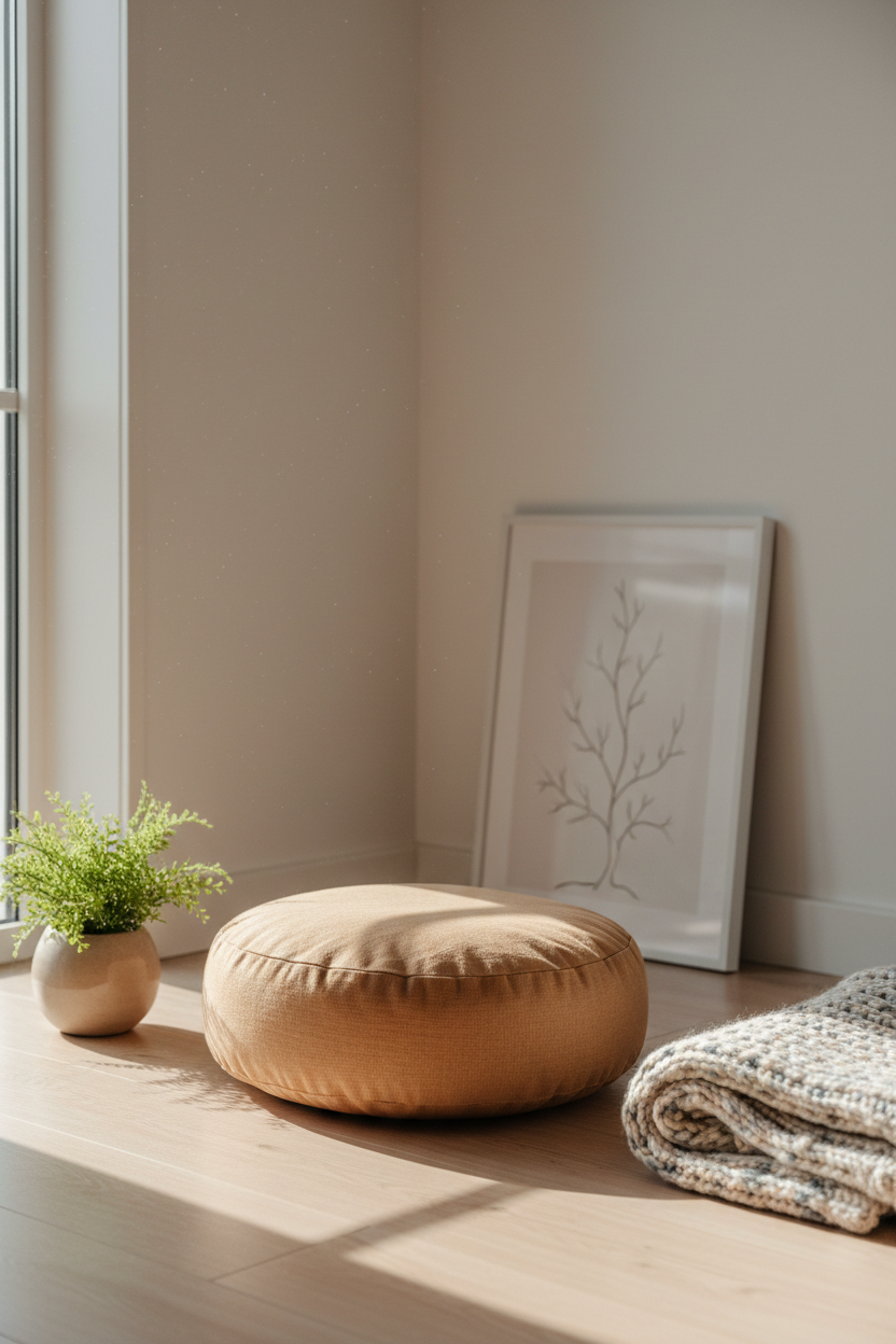 Buckwheat meditation cushion in sunlit minimalist meditation corner with plant and folded blanket
