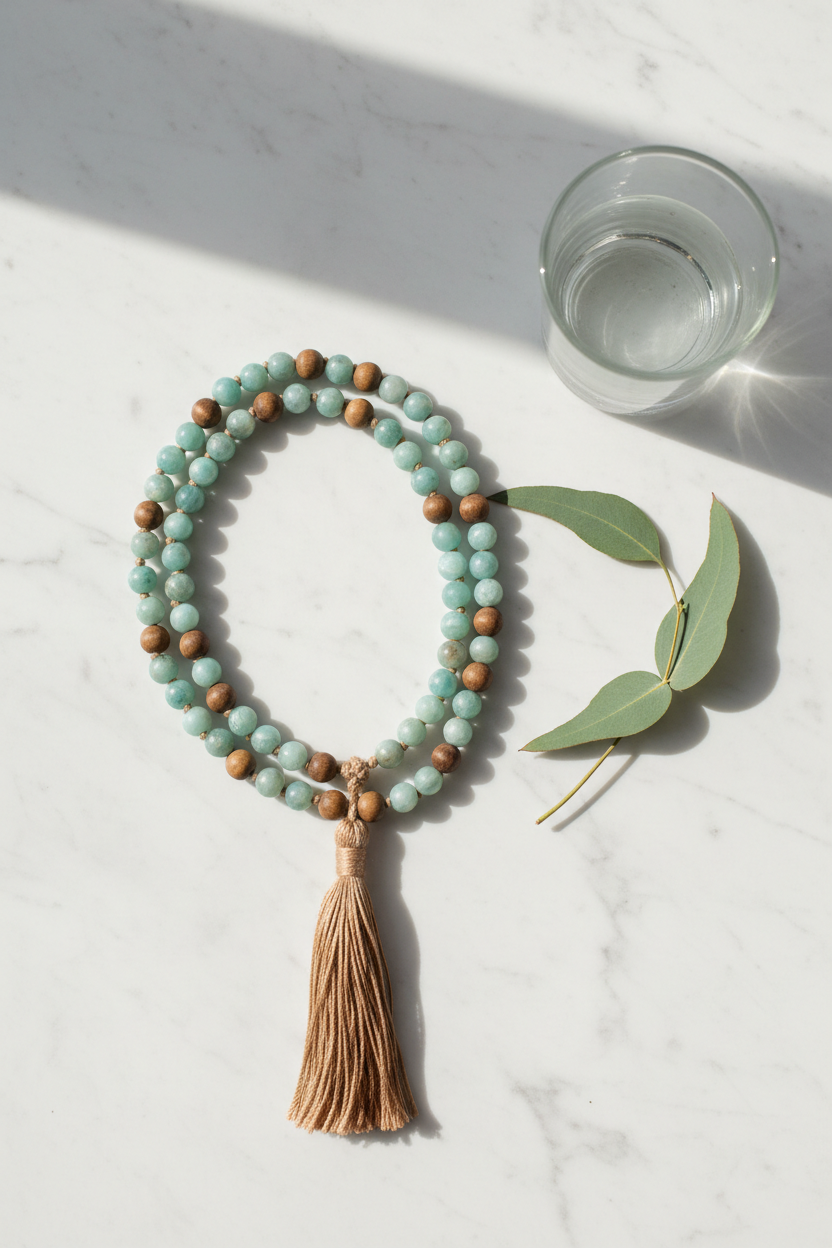 Calm Shores Mala necklace with amazonite and wood opal beads on marble surface with eucalyptus