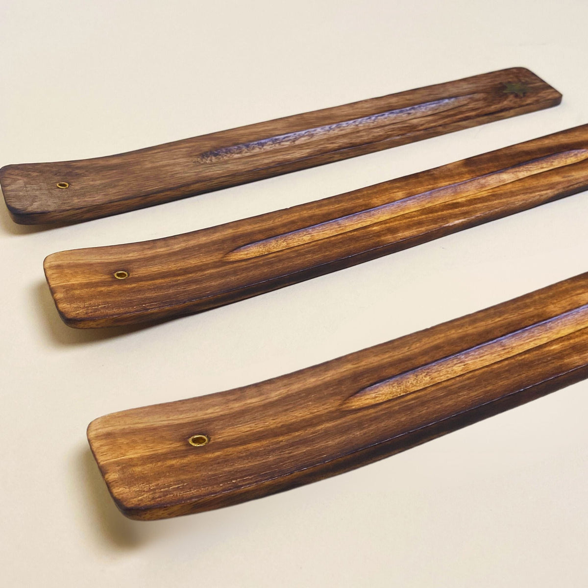 Wood incense holder, long plank with small ring hole; set of three